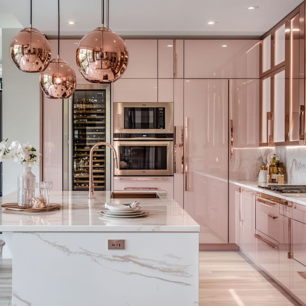 Dunstabzugshaube, Pendelleuchten, Wasserhahn und Schrankgriffe aus PVD-beschichtetem Edelstahl in Roségold.