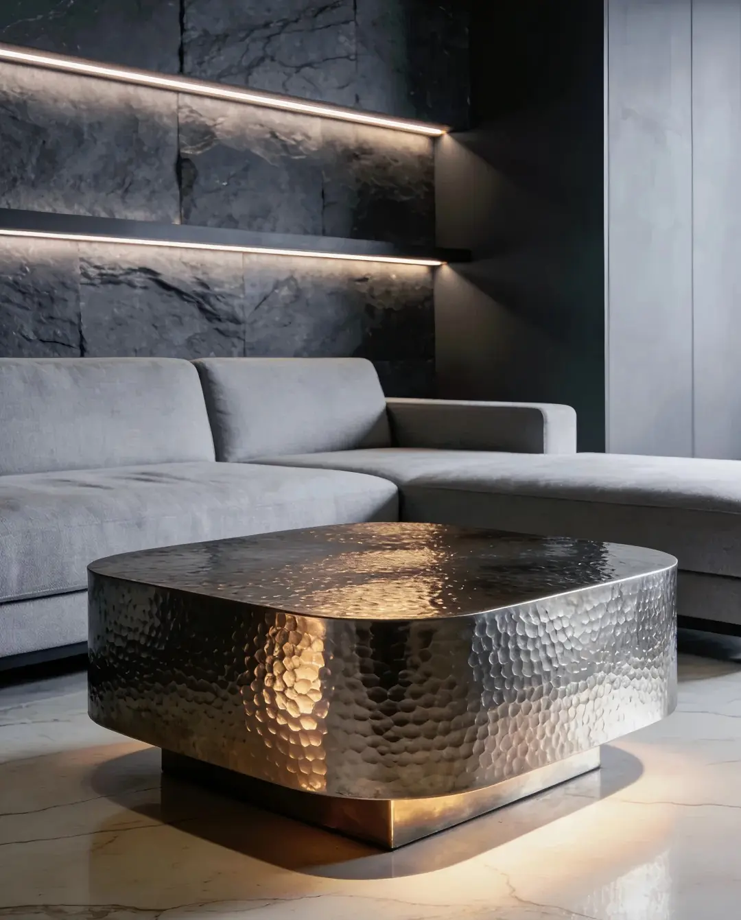 Hammered stainless steel sheet in silver finish displayed as decorative tabletop surface