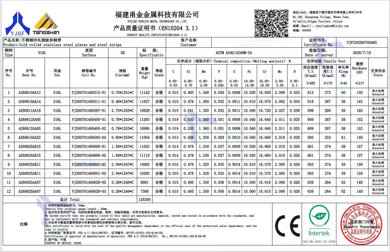 Yongjin 316L stainless steel coil MTR